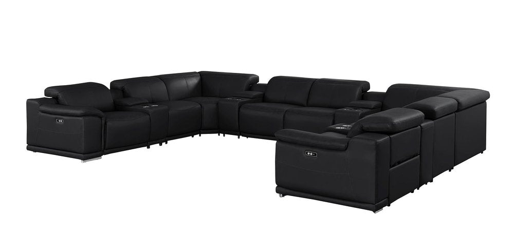 Black Leather Power Reclining U Shaped Twelve Piece Corner Sectional with Console