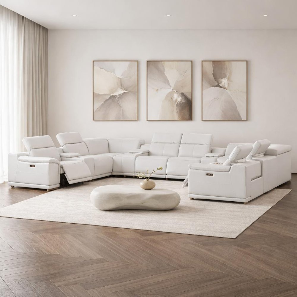 White Leather Modular U Shaped Twelve Piece Corner Sectional with Console