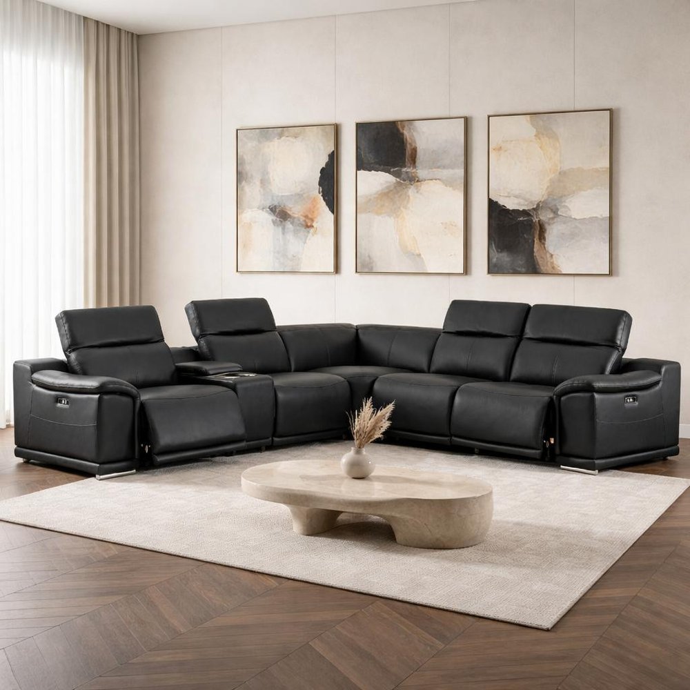 Black Leather Power Reclining L Shaped Six Piece Corner Sectional with Console