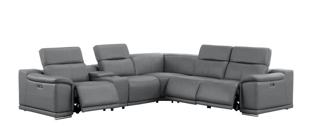 Battleship Gray Leather Power Reclining L Shaped Six Piece Corner Sectional with Console