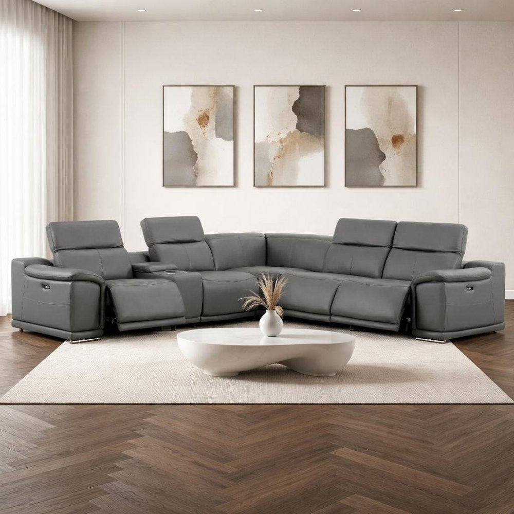 Battleship Gray Leather Power Reclining L Shaped Six Piece Corner Sectional with Console