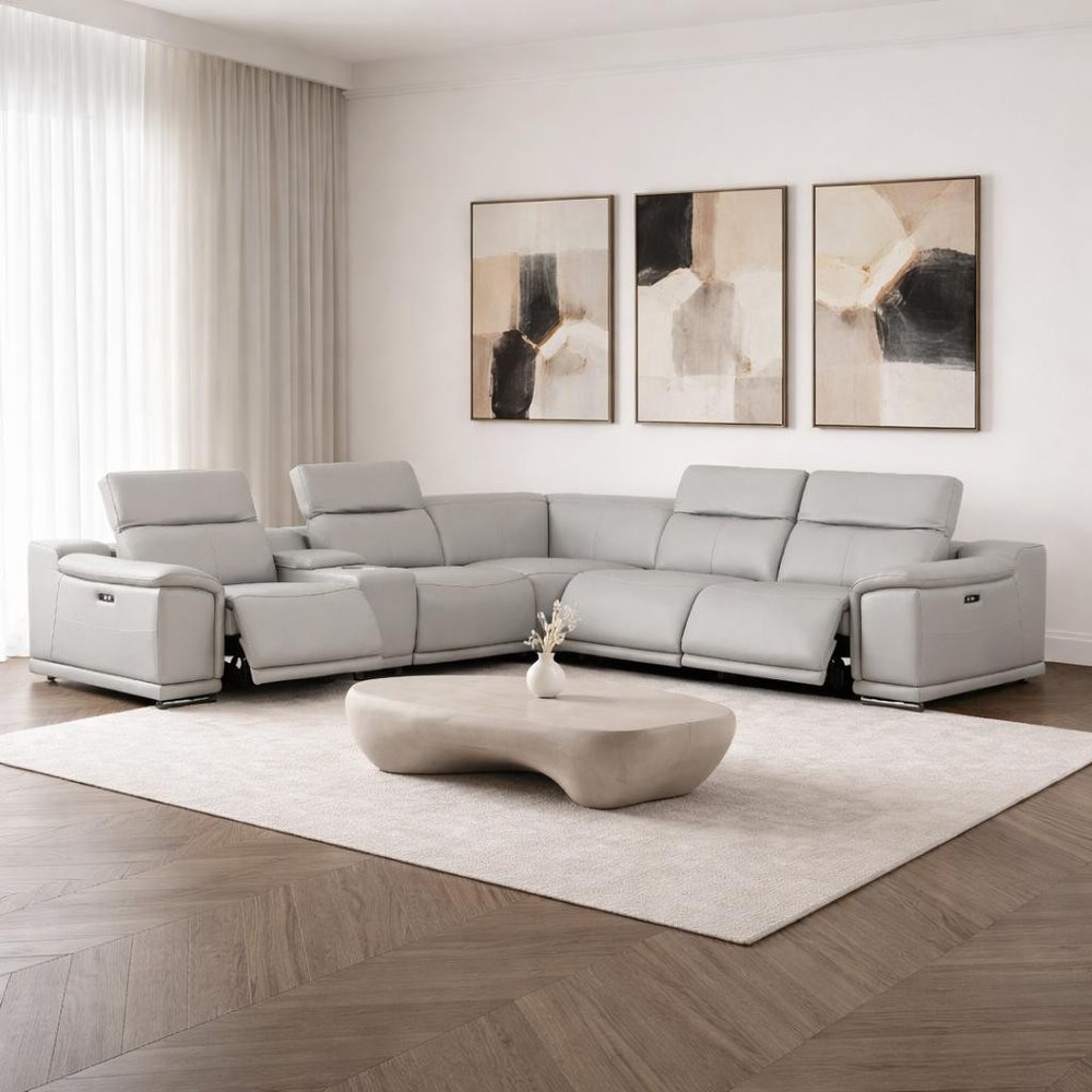 Ash Gray Leather Power Reclining L Shaped Six Piece Corner Sectional with Console