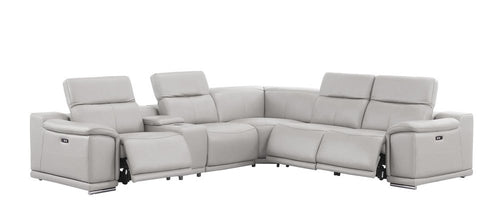 Ash Gray Leather Power Reclining L Shaped Six Piece Corner Sectional with Console