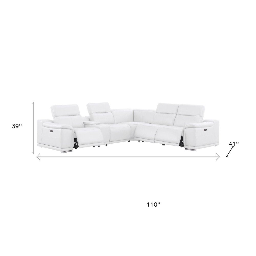 White Leather Power Reclining L Shaped Six Piece Corner Sectional with Console