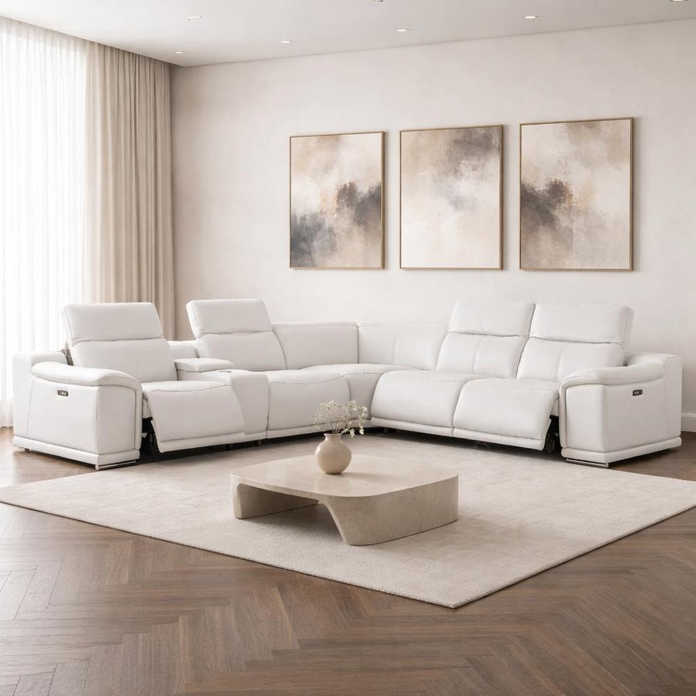 White Leather Power Reclining L Shaped Six Piece Corner Sectional with Console
