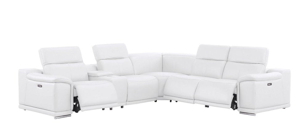 White Leather Power Reclining L Shaped Six Piece Corner Sectional with Console