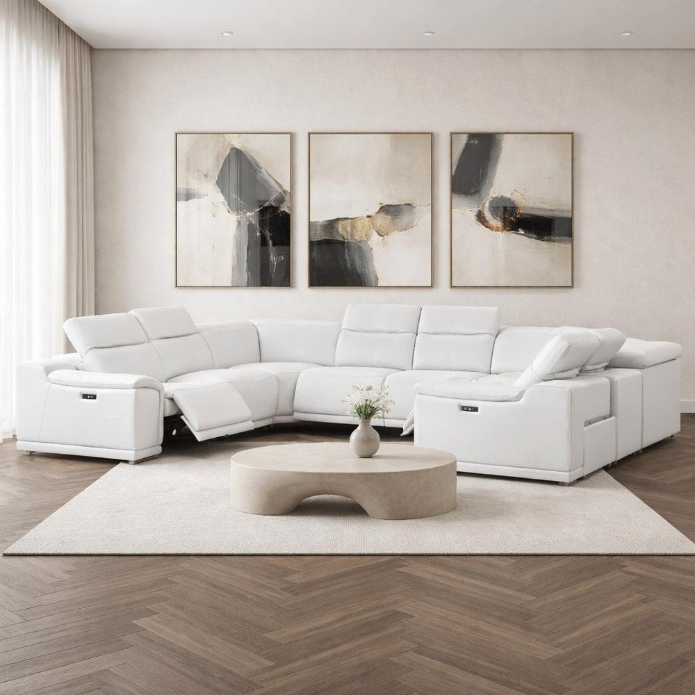 White Leather Modular U Shaped Eight Piece Corner Sectional