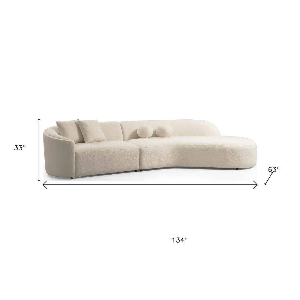 Ivory Boucle Modular Curved Two Piece Sofa and Chaise Sectional with Toss Pillows