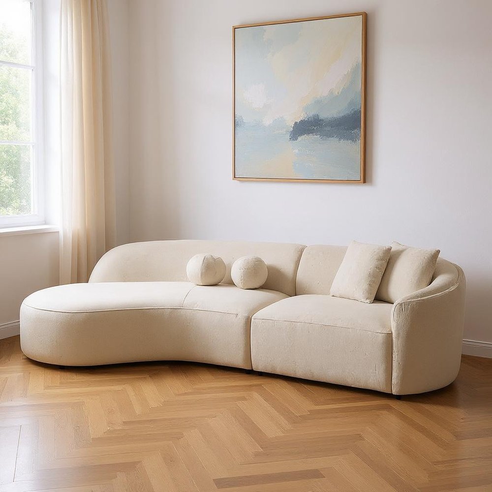 Ivory Boucle Modular Curved Two Piece Sofa and Chaise Sectional with Toss Pillows