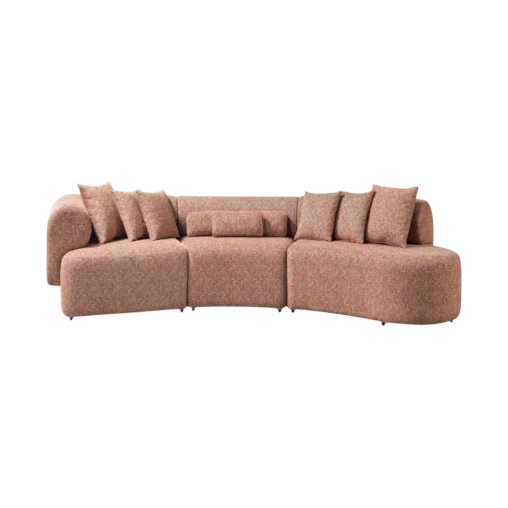 Orange Boucle Modular Curved Three Piece Sectional with Toss Pillows