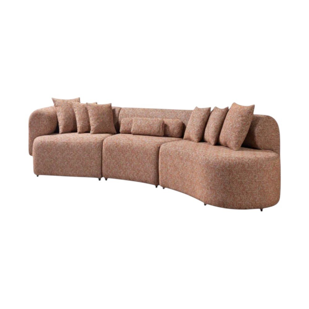 Orange Boucle Modular Curved Three Piece Sectional with Toss Pillows