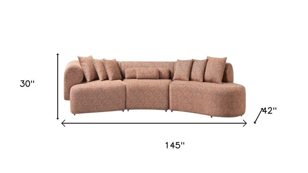 Orange Boucle Modular Curved Three Piece Sectional with Toss Pillows