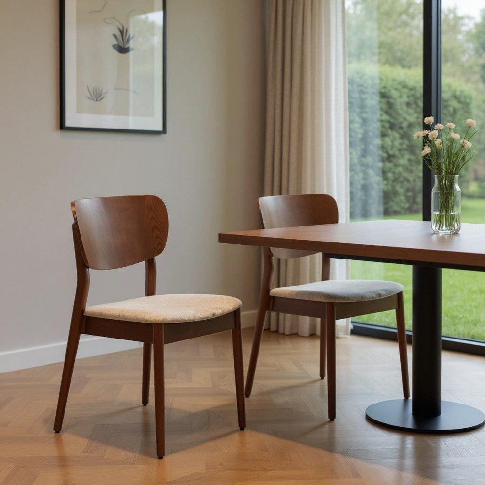 Set of Two Beige and Brown Upholstered Open Back Dining Side Chairs