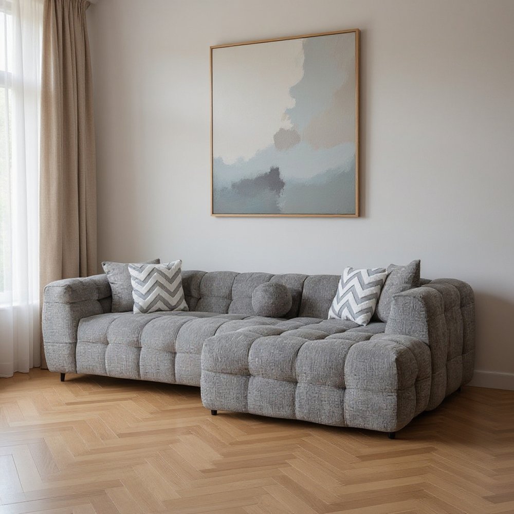 Light Gray Boucle L Shaped Two Piece Sofa and Chaise Sectional with Toss Pillows