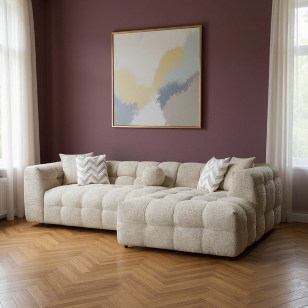 Ivory Boucle L Shaped Two Piece Sofa and Chaise Sectional with Toss Pillows