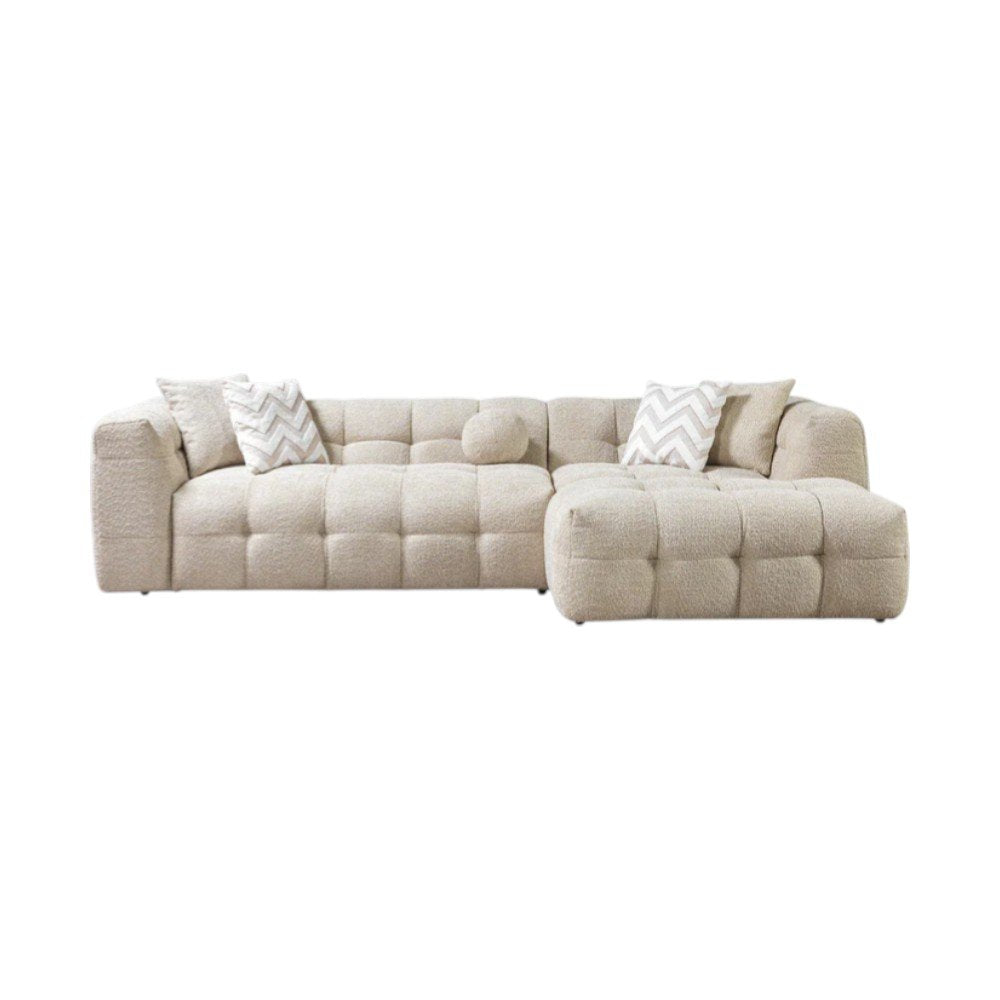 Ivory Boucle L Shaped Two Piece Sofa and Chaise Sectional with Toss Pillows