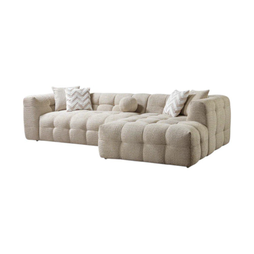 Ivory Boucle L Shaped Two Piece Sofa and Chaise Sectional with Toss Pillows