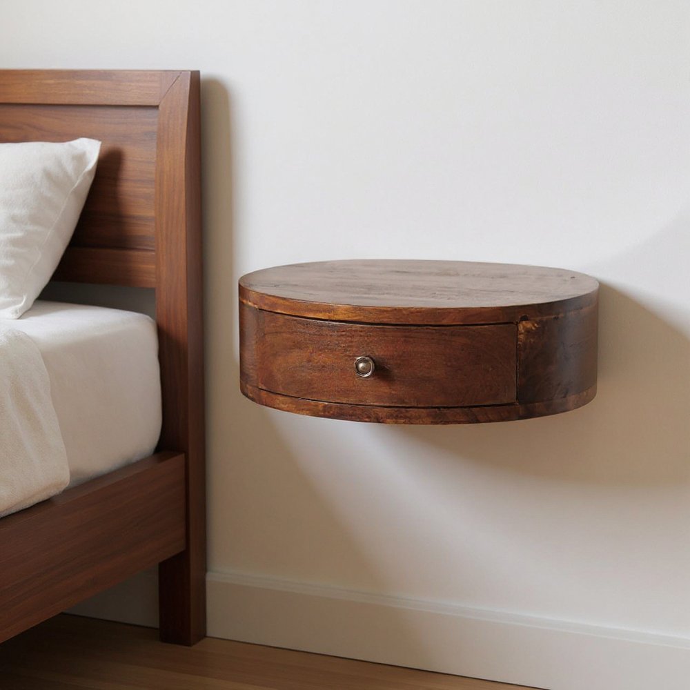 Brown Solid Wood One Drawer Round Floating Nightstand - 16-inch