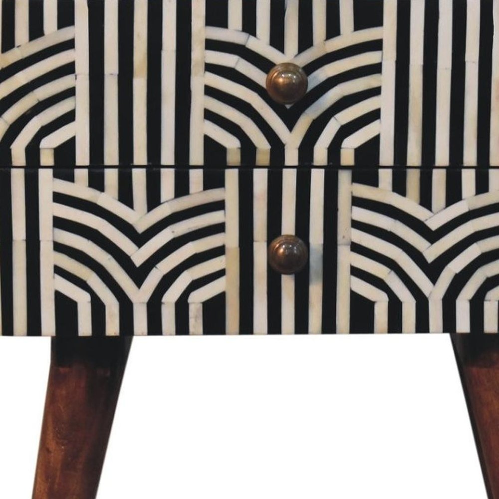Black White and Brown Solid Wood Geometric Bone Inlay Two Drawer Nightstand