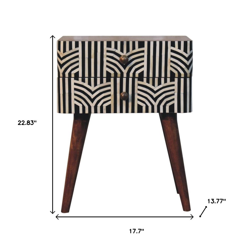 Black White and Brown Solid Wood Geometric Bone Inlay Two Drawer Nightstand