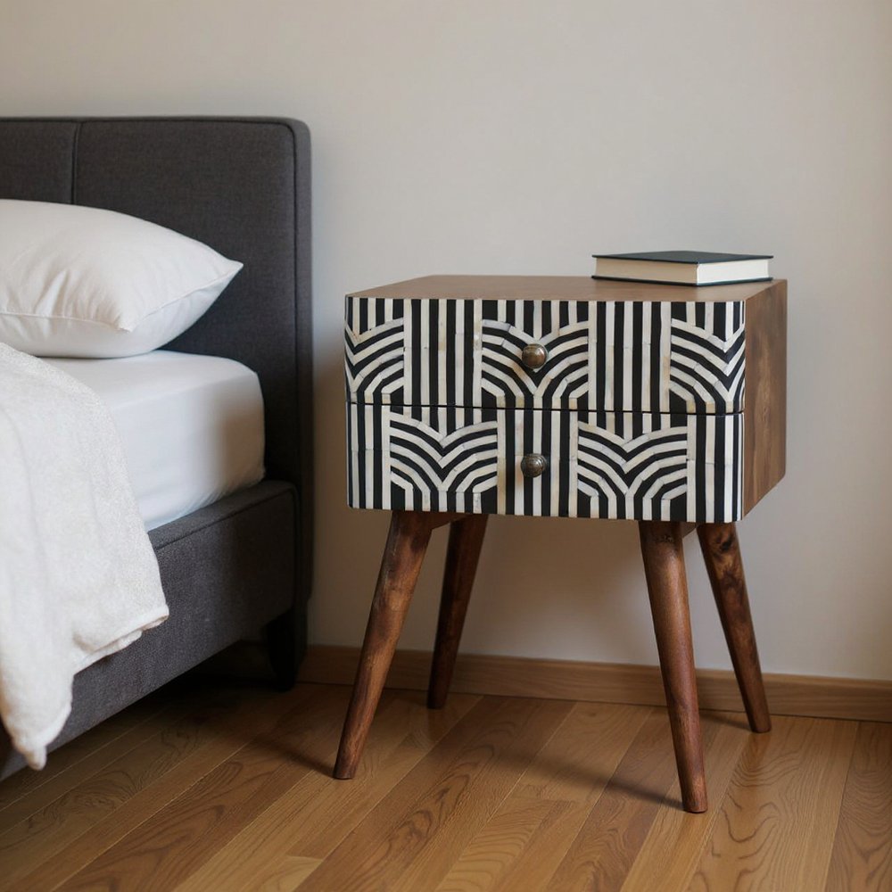 Black White and Brown Solid Wood Geometric Bone Inlay Two Drawer Nightstand
