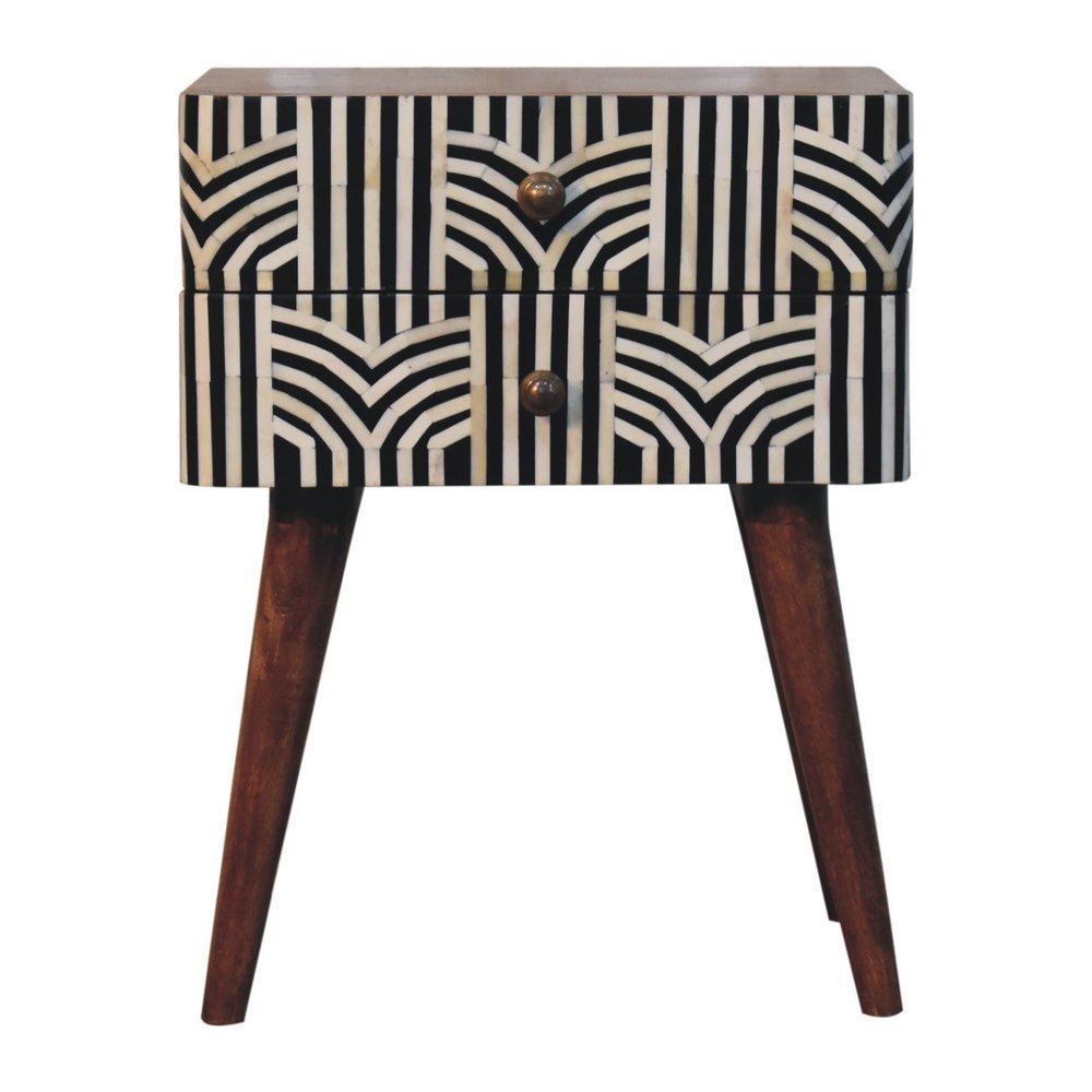 Black White and Brown Solid Wood Geometric Bone Inlay Two Drawer Nightstand