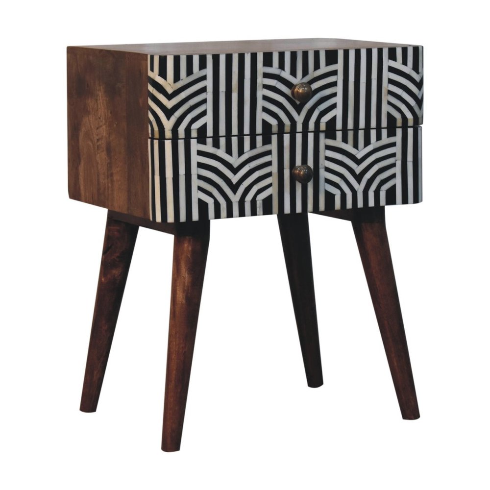 Black White and Brown Solid Wood Geometric Bone Inlay Two Drawer Nightstand