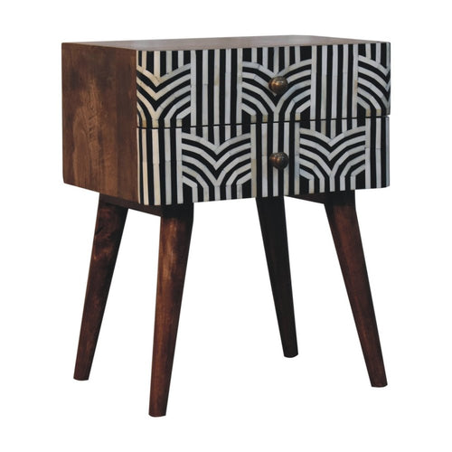 Black White and Brown Solid Wood Geometric Bone Inlay Two Drawer Nightstand