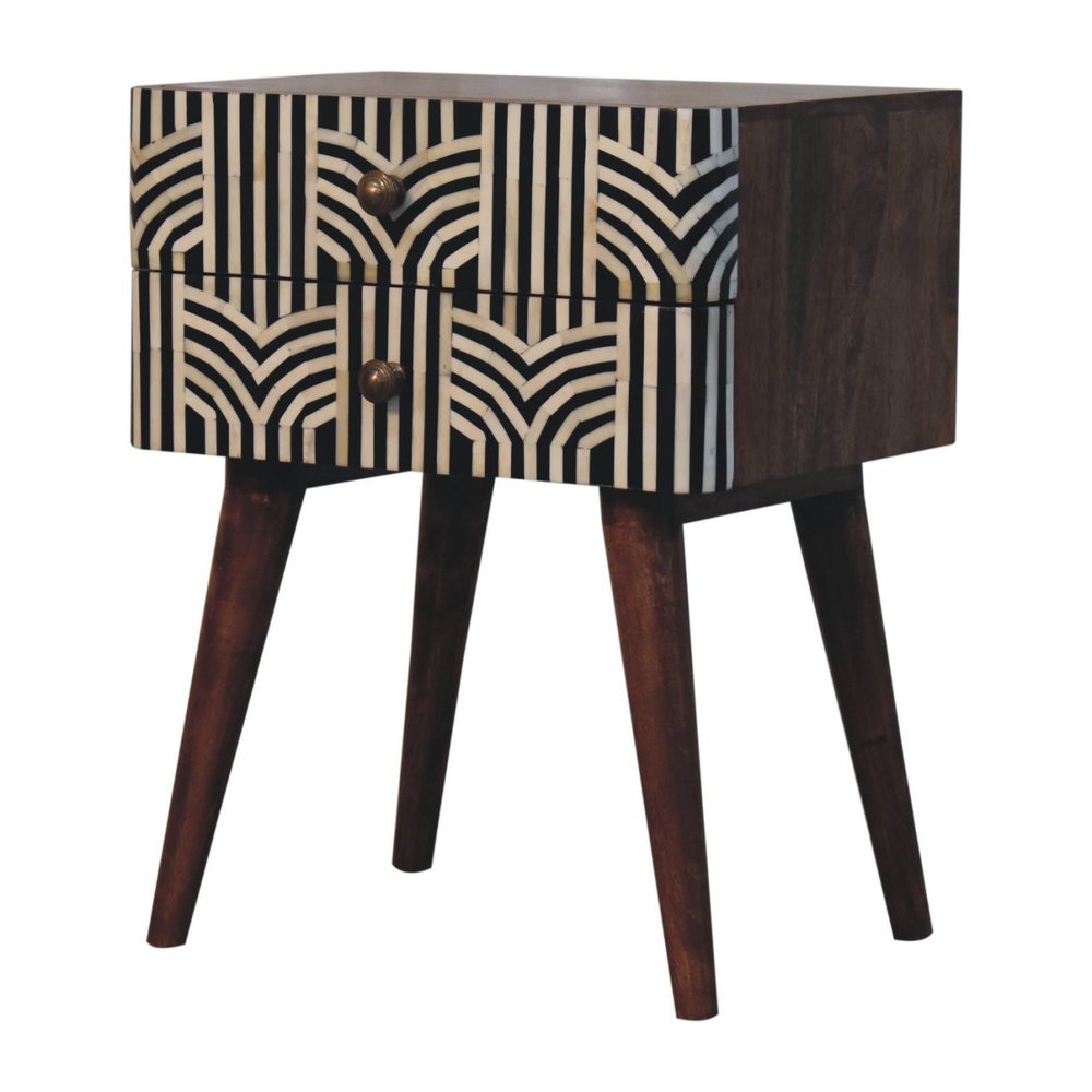 Black White and Brown Solid Wood Geometric Bone Inlay Two Drawer Nightstand