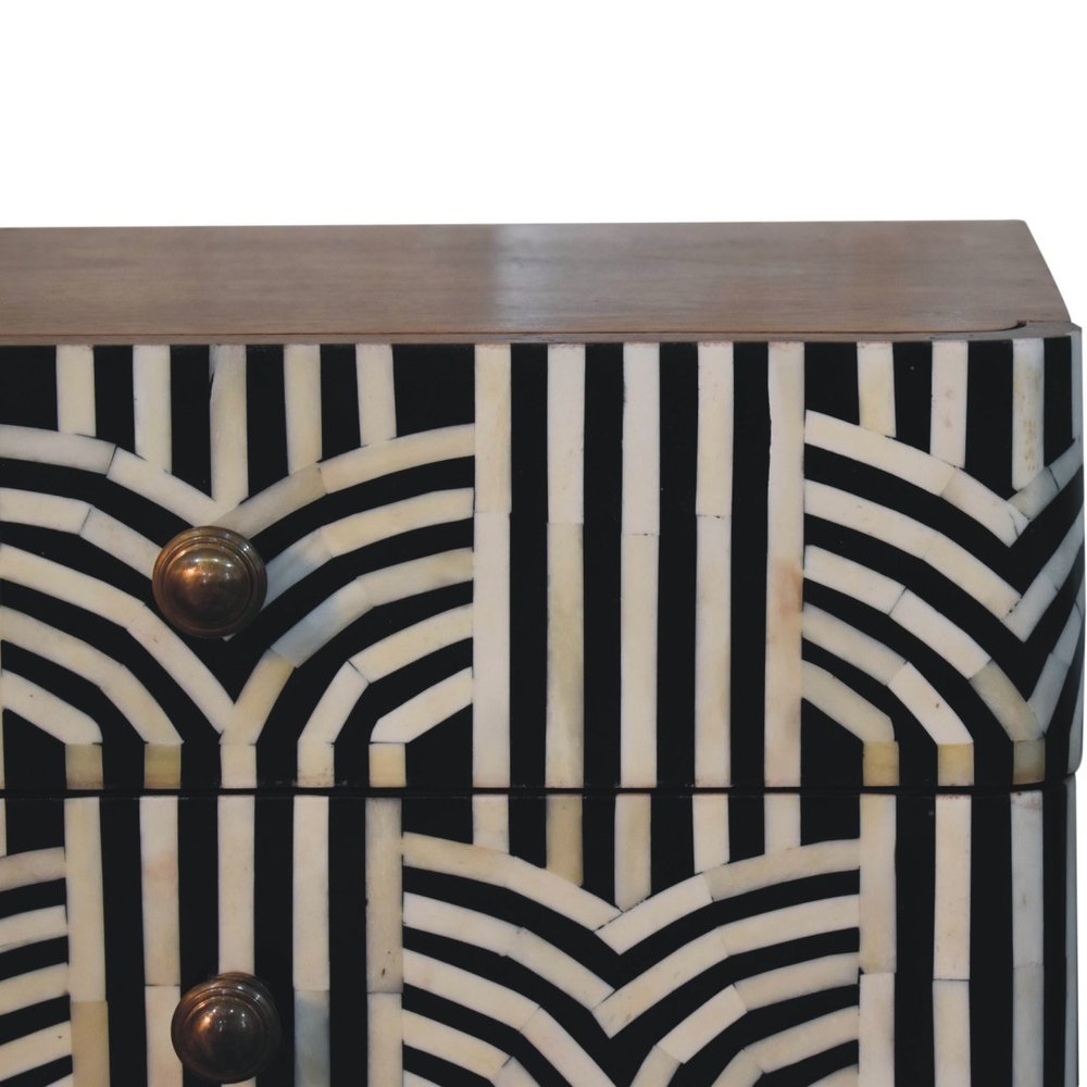 Black White and Brown Solid Wood Geometric Bone Inlay Two Drawer Nightstand