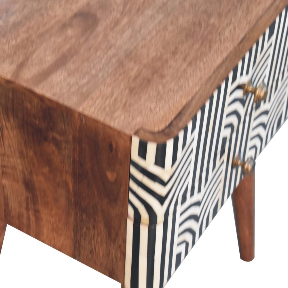 Black White and Brown Solid Wood Geometric Bone Inlay Two Drawer Nightstand