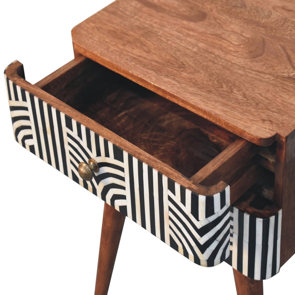Black White and Brown Solid Wood Geometric Bone Inlay Two Drawer Nightstand