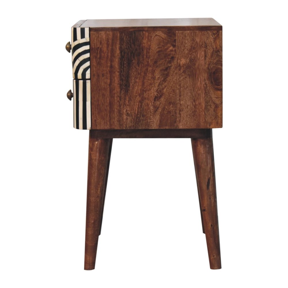 Black White and Brown Solid Wood Geometric Bone Inlay Two Drawer Nightstand