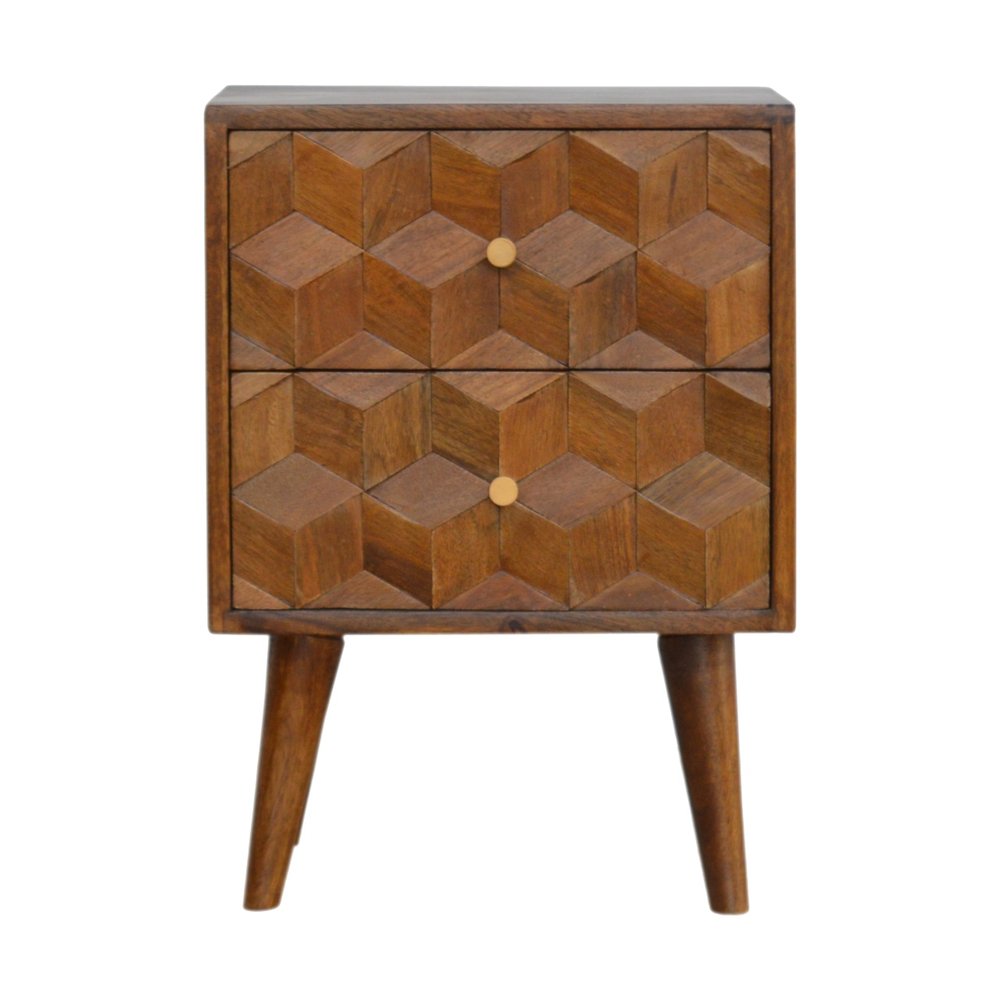 Chestnut Solid Wood Carved Geometric Two Drawer Nightstand - 22-inch