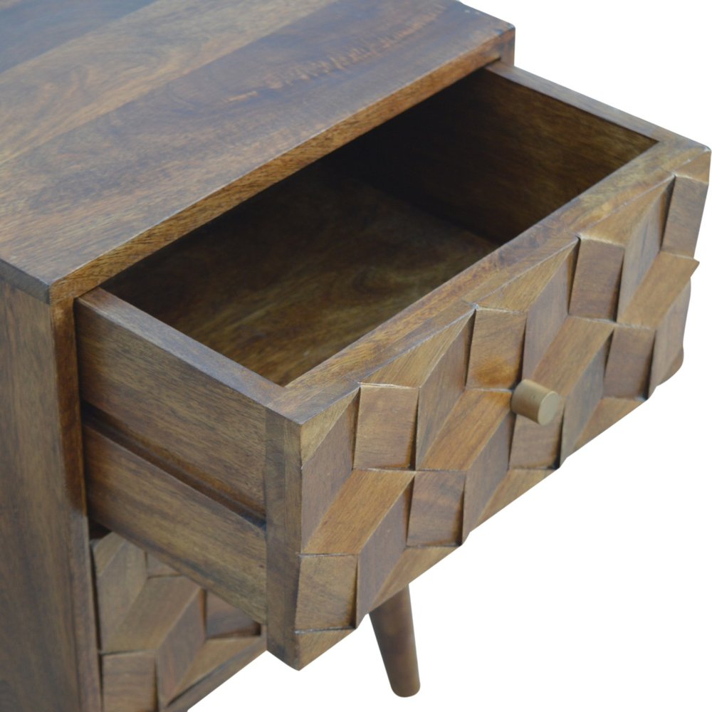 Chestnut Solid Wood Carved Geometric Two Drawer Nightstand - 22-inch