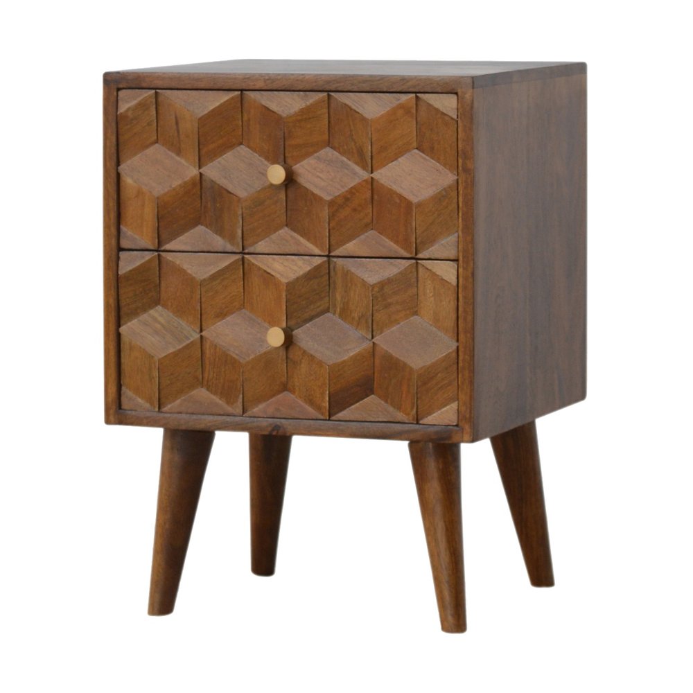 Chestnut Solid Wood Carved Geometric Two Drawer Nightstand - 22-inch