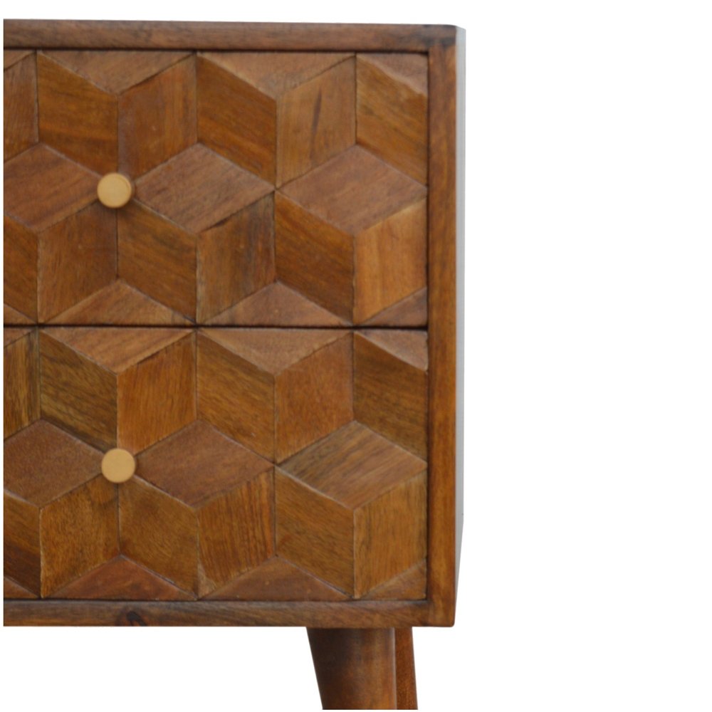 Chestnut Solid Wood Carved Geometric Two Drawer Nightstand - 22-inch