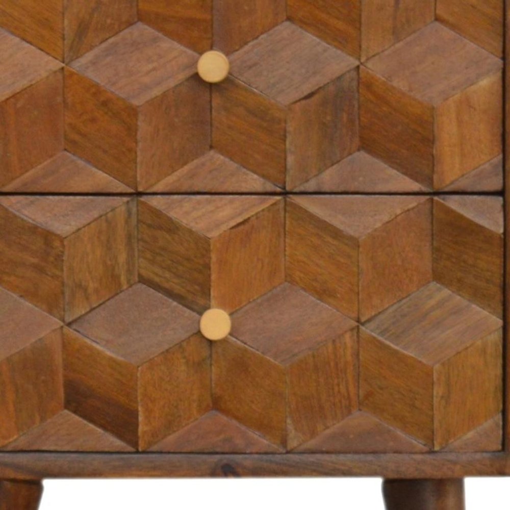 Chestnut Solid Wood Carved Geometric Two Drawer Nightstand - 22-inch
