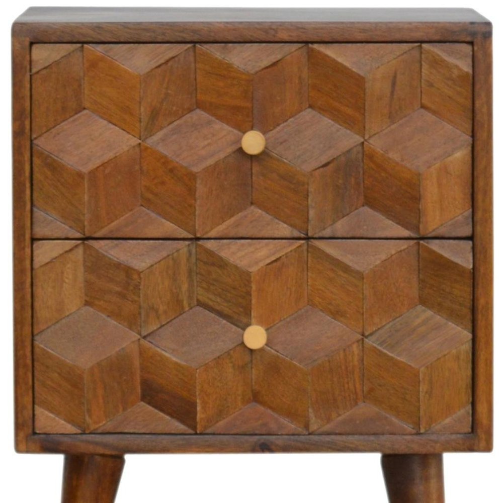 Chestnut Solid Wood Carved Geometric Two Drawer Nightstand - 22-inch