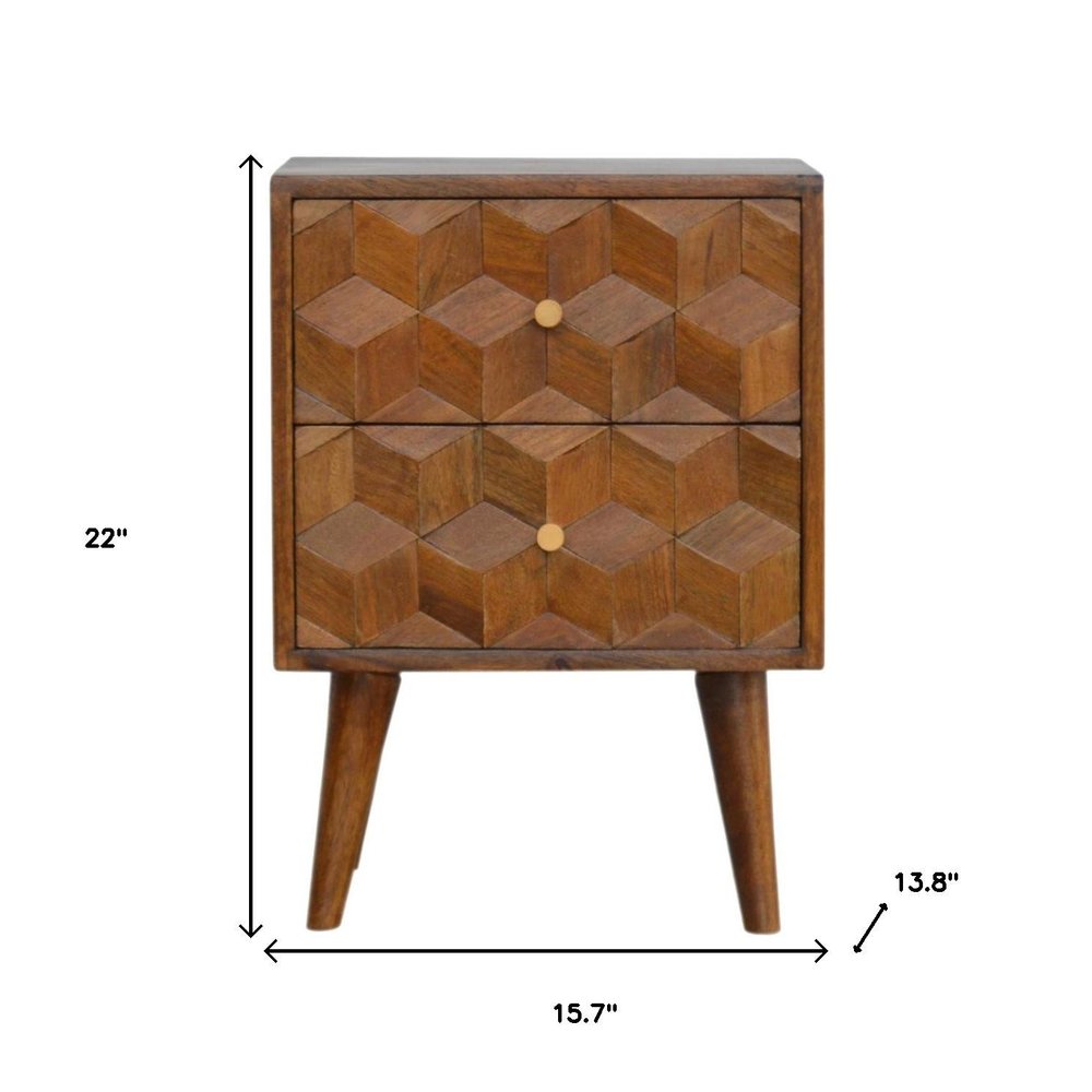 Chestnut Solid Wood Carved Geometric Two Drawer Nightstand - 22-inch