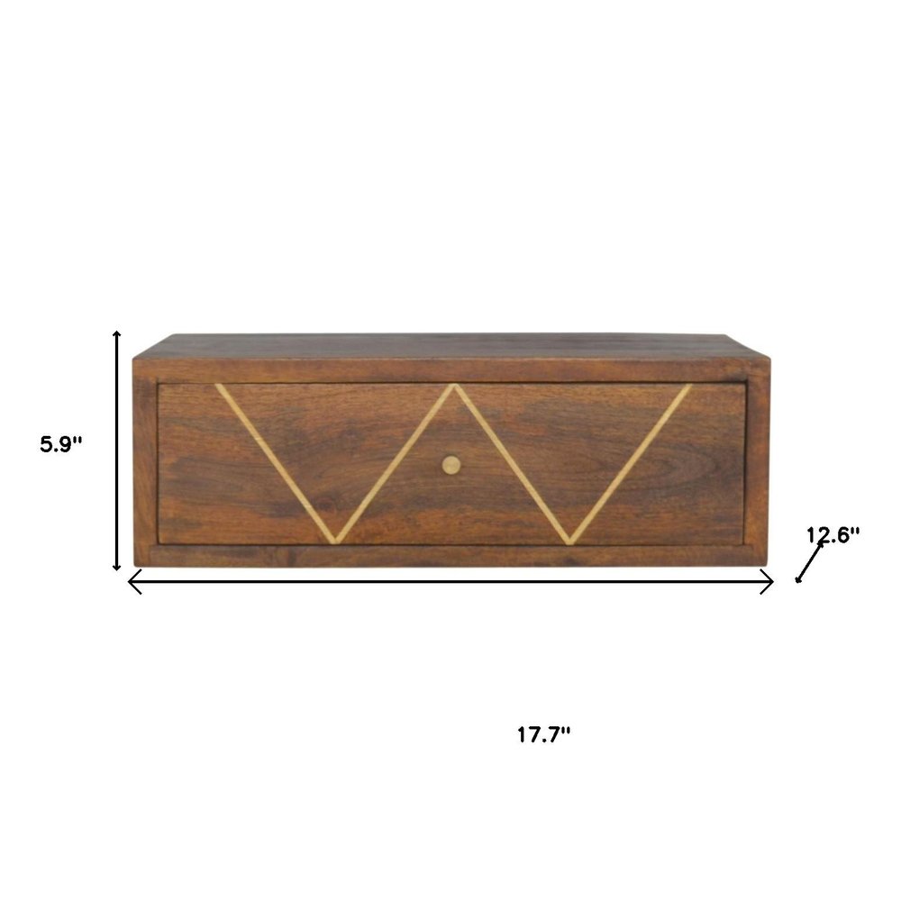 Brown Solid Wood Geometric Brass Inlay One Drawer Floating Nightstand - 18-inch