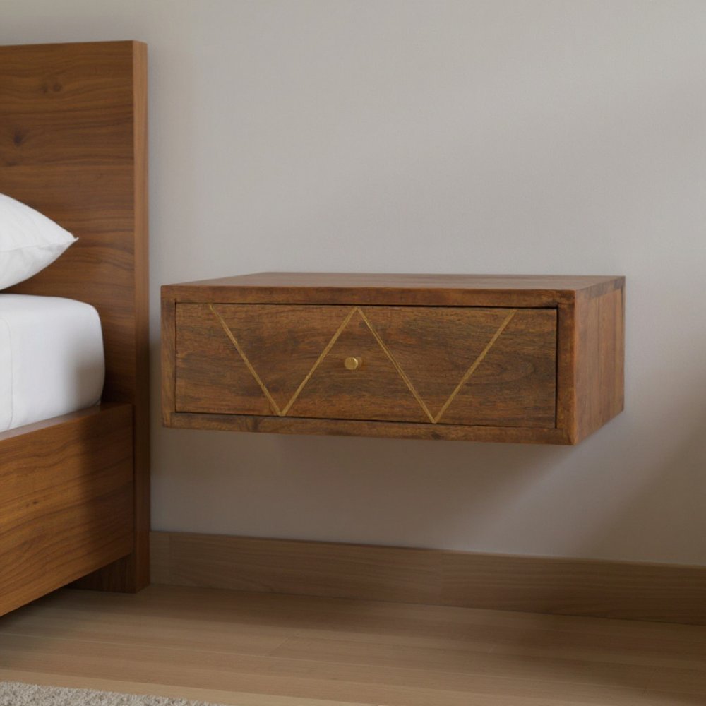 Brown Solid Wood Geometric Brass Inlay One Drawer Floating Nightstand - 18-inch