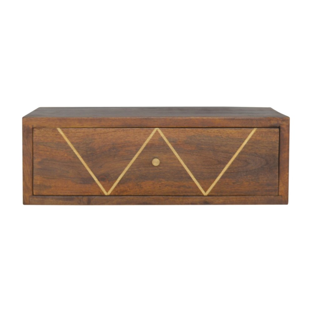 Brown Solid Wood Geometric Brass Inlay One Drawer Floating Nightstand - 18-inch