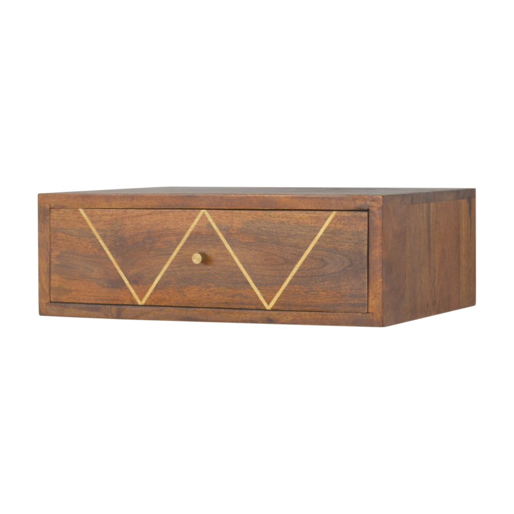 Brown Solid Wood Geometric Brass Inlay One Drawer Floating Nightstand - 18-inch