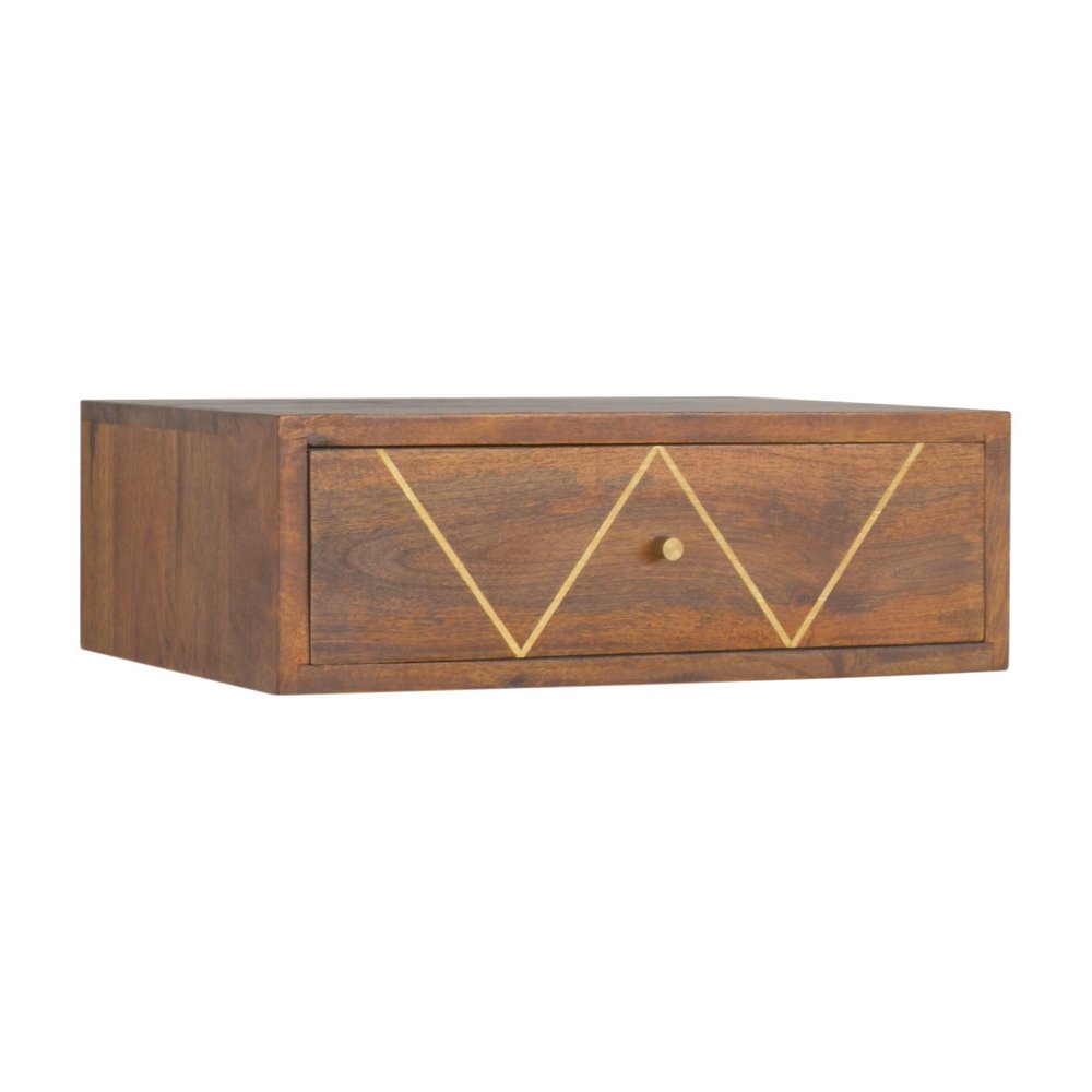 Brown Solid Wood Geometric Brass Inlay One Drawer Floating Nightstand - 18-inch