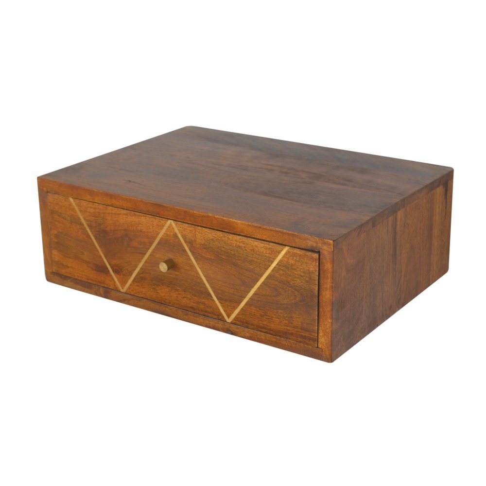 Brown Solid Wood Geometric Brass Inlay One Drawer Floating Nightstand - 18-inch