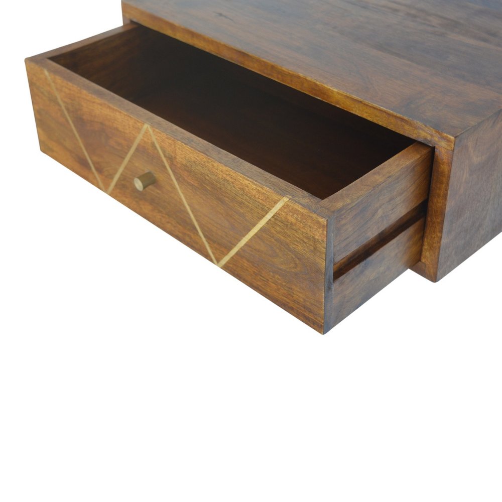 Brown Solid Wood Geometric Brass Inlay One Drawer Floating Nightstand - 18-inch