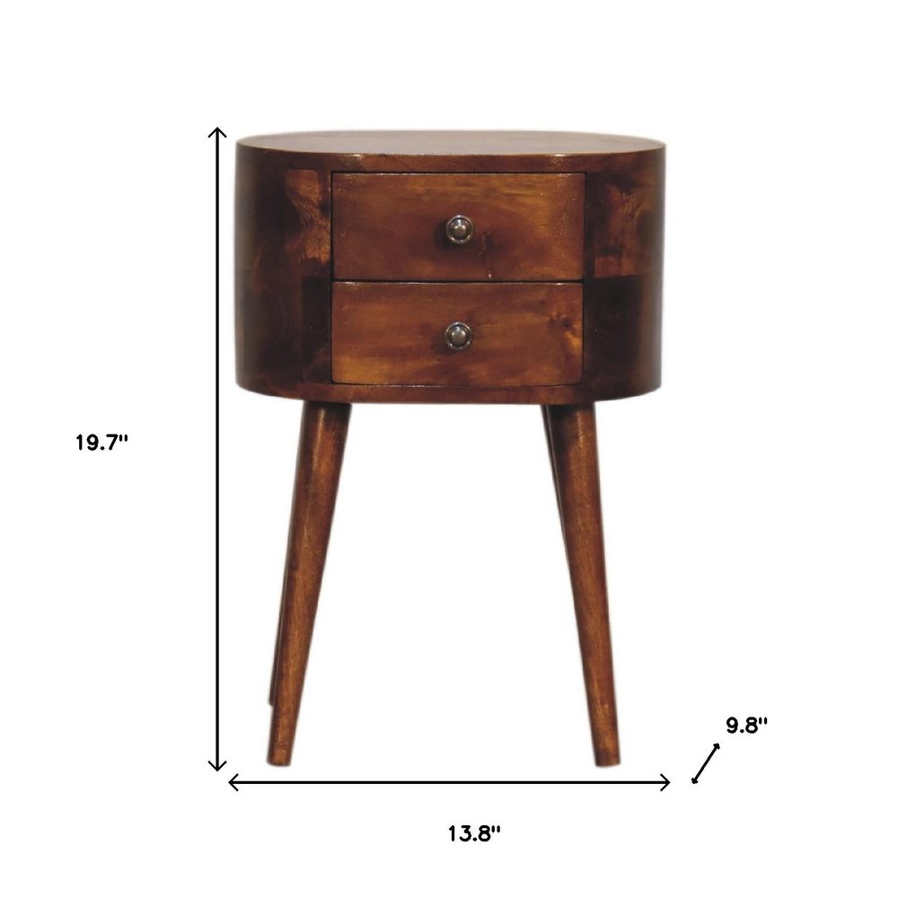 Brown Solid Wood Oval Distressed Two Drawer Nightstand - 20-inch