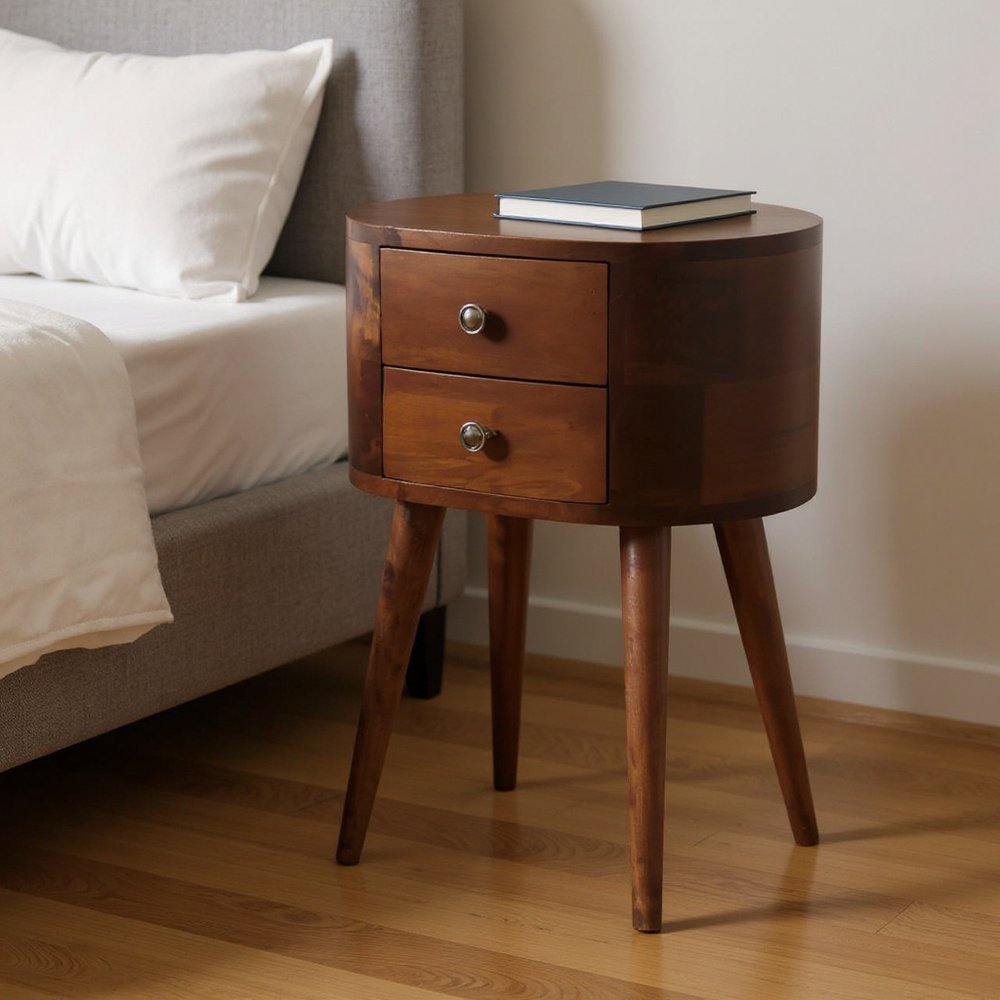 Brown Solid Wood Oval Distressed Two Drawer Nightstand - 20-inch