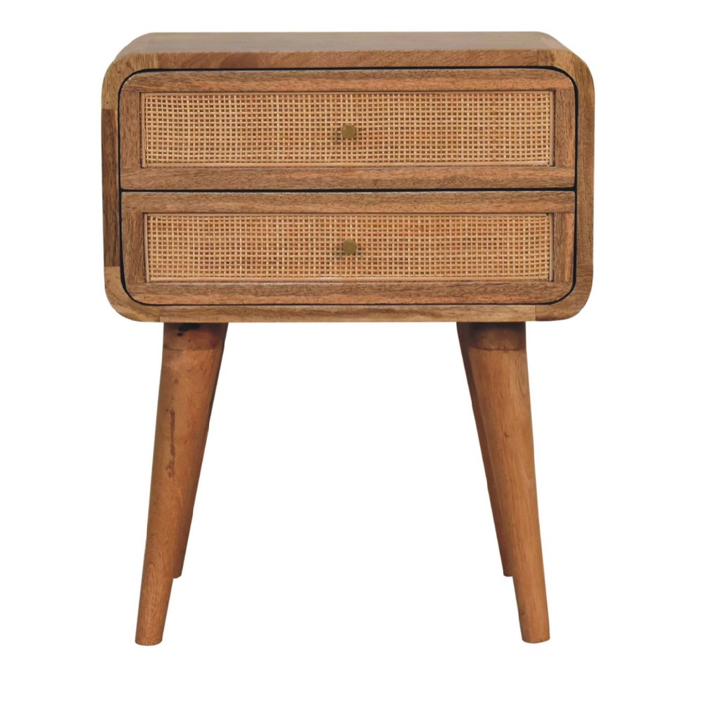 Oak Solid Wood and Cane Rattan Two Drawer Nightstand - 22-inch
